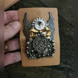 VINTAGE Signed Jane Stamped Metal Angel Brooch with Rhinestone